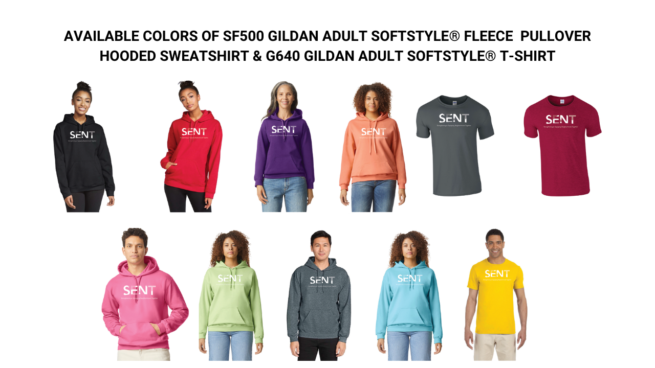 Available Colors of SF500 Gildan Adult Softstyle® Fleece Pullover Hooded Sweatshirt & G640 Gildan Adult Softstyle® T-Shirt